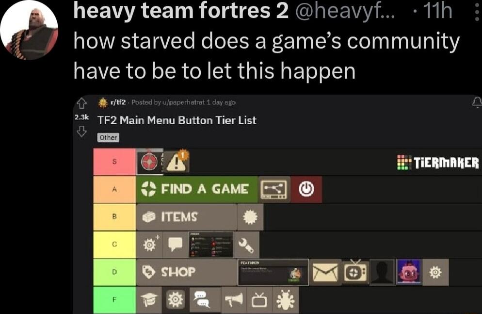 LCEVGRCET R g iEE N GHaEEN S how starved does a games community EVERCE RS GIEY ETR eI e e TF2 Main Menu Button Tier List