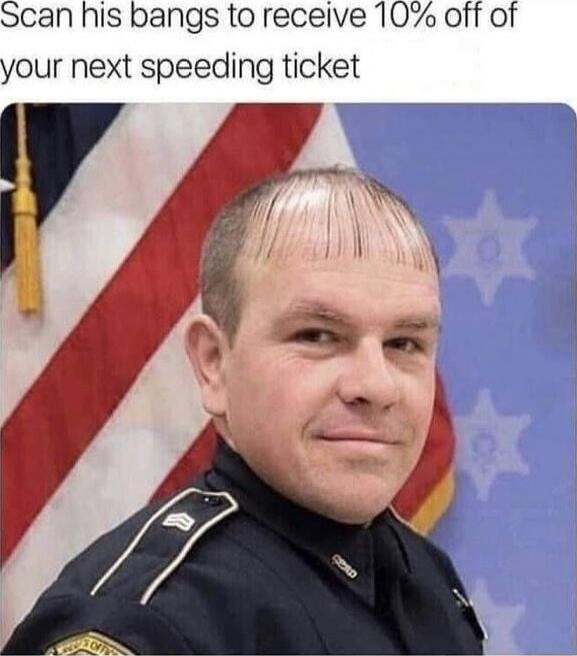 Scan his bangs to receive 10% off of your next speeding ticket
