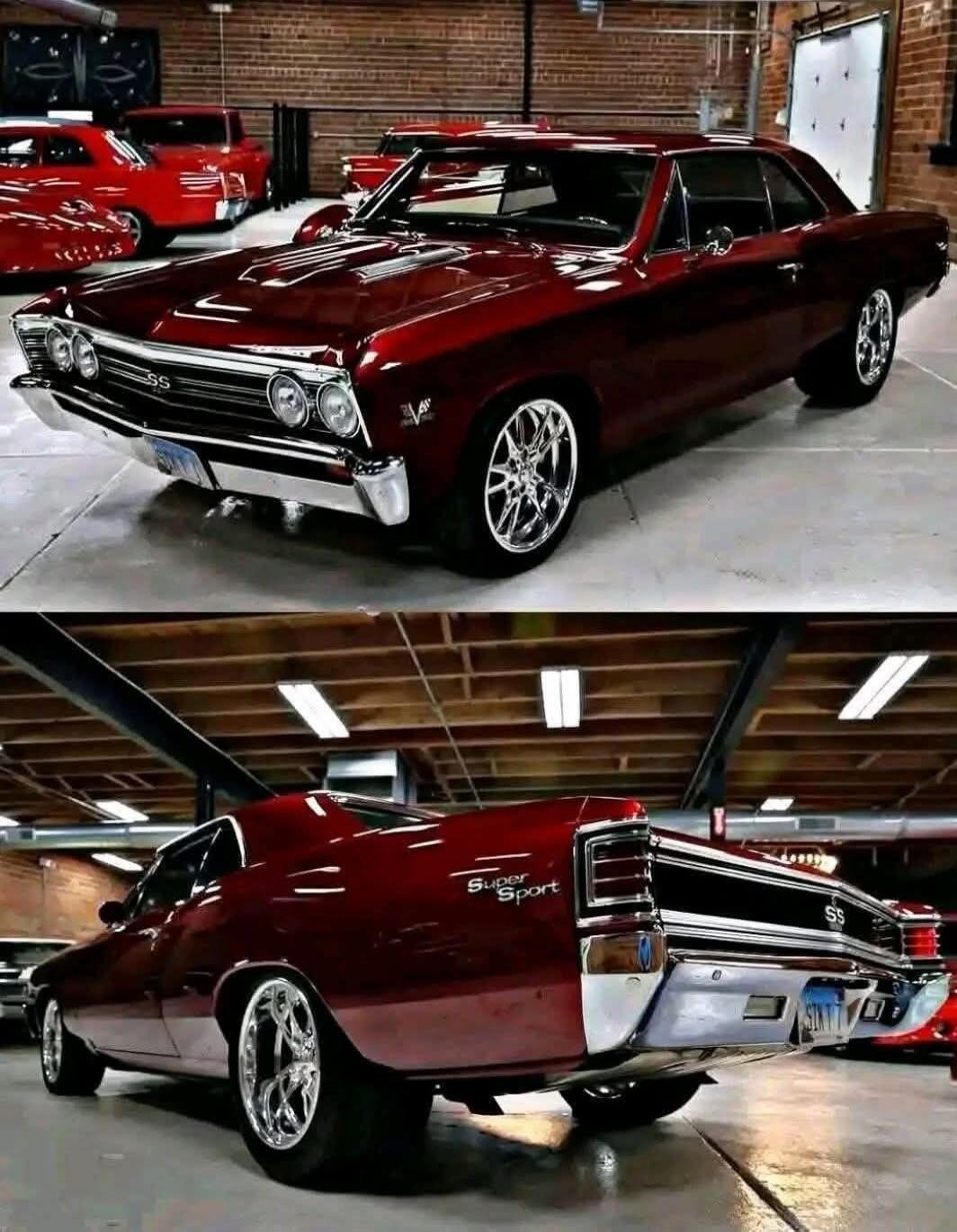 A burgundy/mahogany classic Chevrolet Chevelle SS (muscle car) with chrome wheels, shown in a showroom. Visible badges include 'SS' and 'Super Sport'.