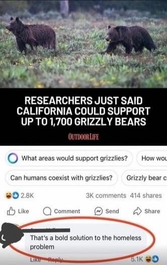 RESEARCHERS JUST SAID CALIFORNIA COULD SUPPORT UP TO 1,700 GRIZZLY BEARS
OutdoorLife
What areas would support grizzlies? How would
Can humans coexist with grizzlies? Grizzly bear c
That's a bold solution to the homeless problem