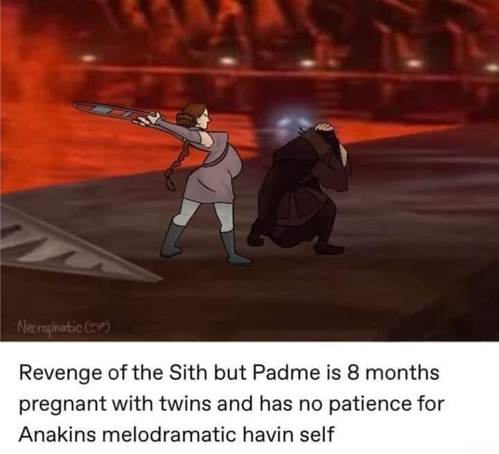Revenge of the Sith but Padme is 8 months pregnant with twins and has no patience for Anakins melodramatic havin self