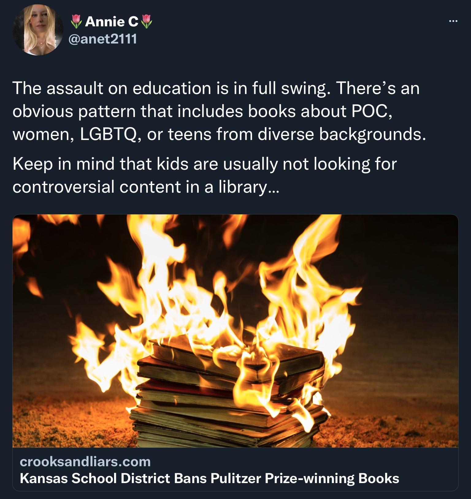AnnieC ENEIPA RN The assault on education is in full swing Theres an o oViTo 1NN o lu 1 s Mua Y g Tel WLe SISH oToTo 1 o Jo 1V A O O o 0o I Ta MM C12 0 NORNeT R T Ta 1o o 0 Wo WVETEIW oF Tol A0 W g Lo R CCETRT NN ale REaEY A e SR TE RIISVETYA s o d oTo g R o controversial content in a library L4 S el Yol CT Tole IEETEReTo 1 Kansas School District Bans Pulitzer Prize winning Books