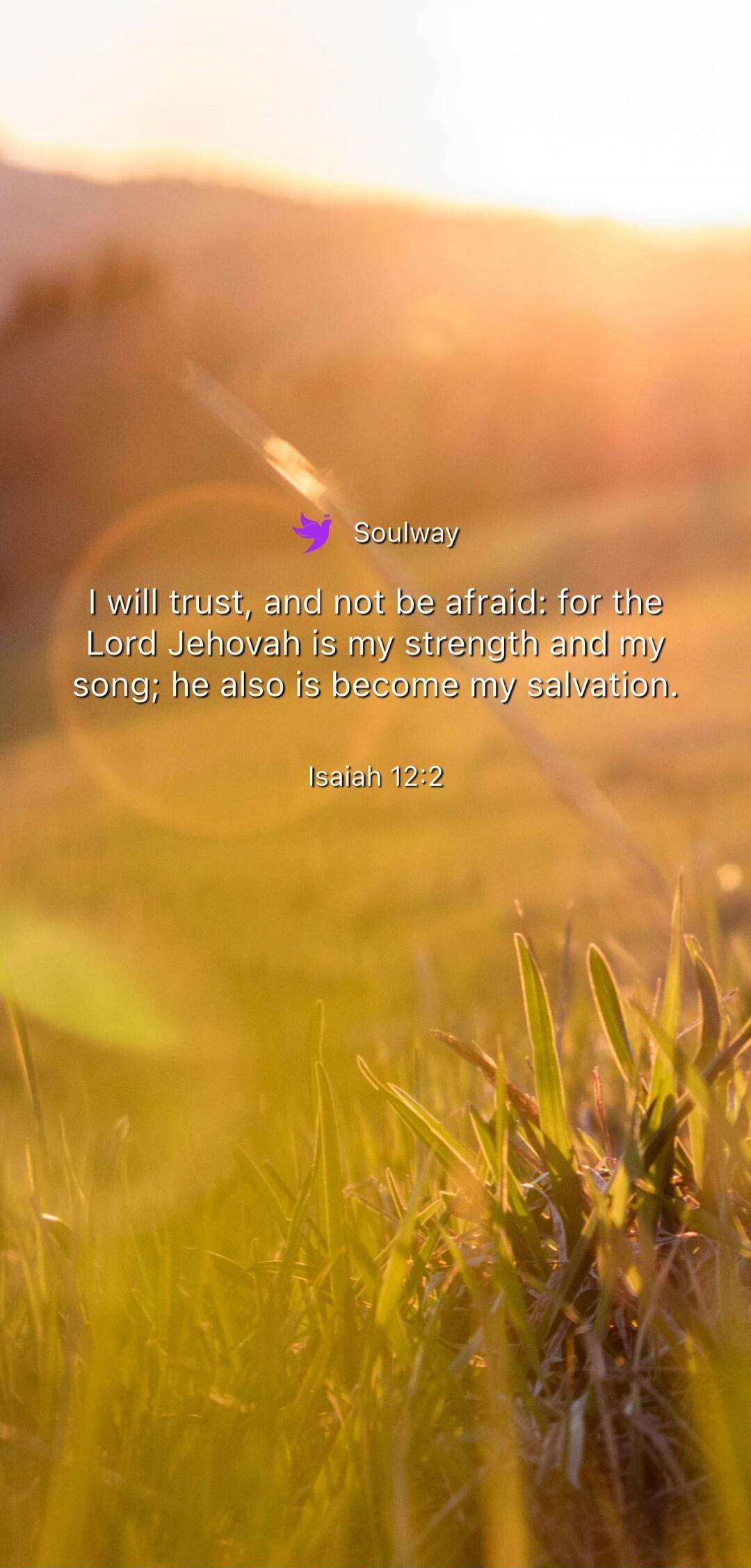 Soulway. I will trust, and not be afraid: for the Lord Jehovah is my strength and my song; he also is become my salvation. Isaiah 12:2