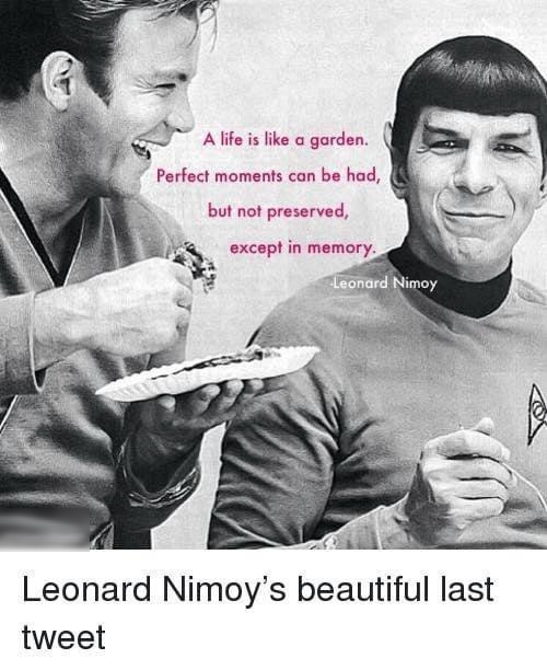 3 b 0 Alifeis like a garden a2 e Perfect moments can be had but not preserved except in me rnht Leonard Nimoys beautiful last tweet