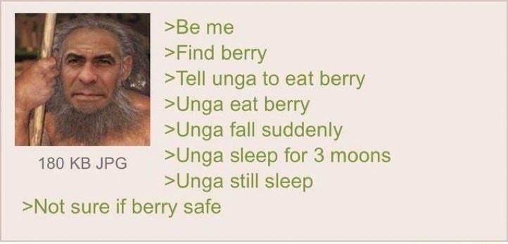 i Anonymous 040521Mon175517 No63067891 Be me Find berry Tell unga to eat berry Unga eat berry Unga fall suddenly 180KBJPG Unga sleep for 3 moons Unga still sleep Not sure if berry safe
