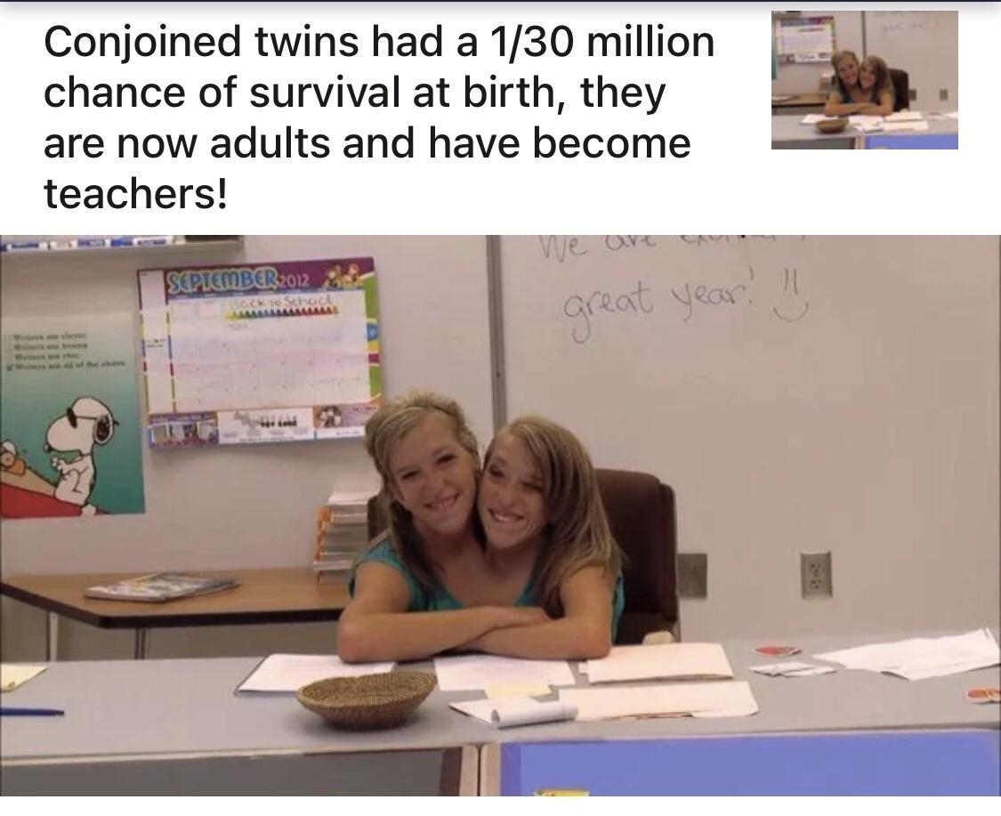 Conjoined twins had a 130 million chance of survival at birth they are now adults and have become teachers