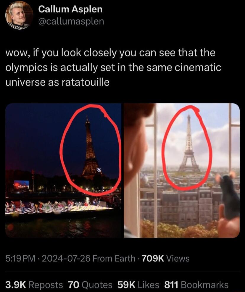 Callum Asplen acallumasplen wow if you look closely you can see that the olympics is actually set in the same cinematic universe as ratatouille sy 519PM 2024 PRSI TGRy o 1 QUETE 39K Repos R TONGIEE QRICER 3 NeIT T Bl