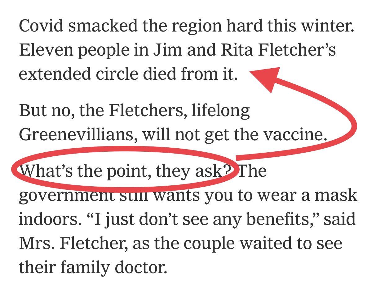 Covid smacked the region hard this winter Eleven people in Jim and Rita Fletchers extended circle died from it But no the Fletchers lifelong Greenevillians will not get the vaccine WWhats the point they as he governmer wants you to wear a mask indoors I just dont see any benefits said Mrs Fletcher as the couple waited to see their family doctor