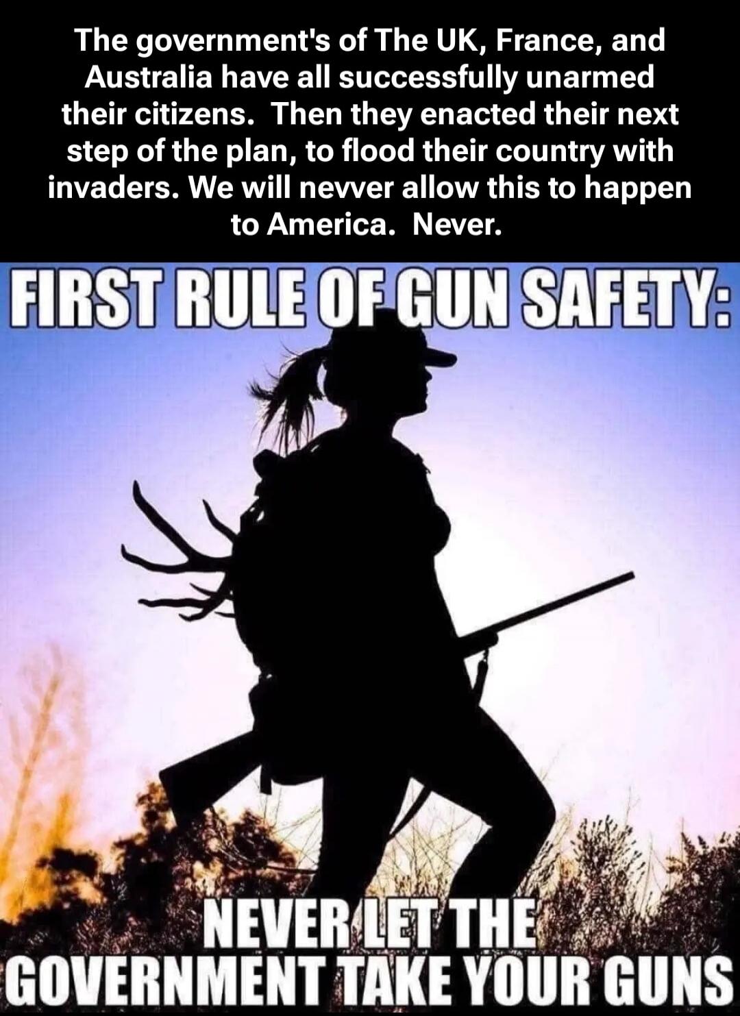 The governments of The UK, France, and Australia have all successfully unarmed their citizens. Then they enacted their next step of the plan, to flood their country with invaders. We will never allow this to happen to America. Never. FIRST RULE OF GUN SAFETY: NEVER LET THE GOVERNMENT TAKE YOUR GUNS