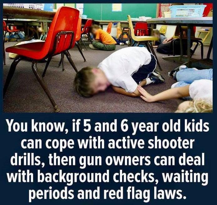 You know if 5 and 6 year old kids can cope with active shooter drills then gun owners can deal with background checks waiting periods and red flag laws