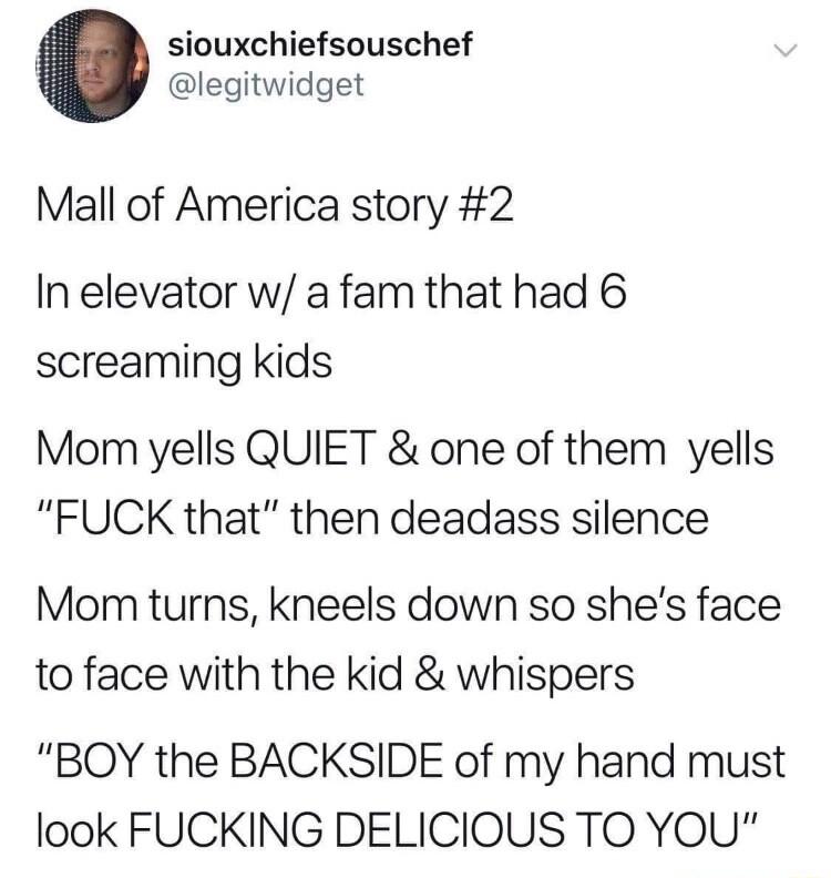 siouxchiefsouschef legitwidget Mall of America story 2 In elevator w a fam that had 6 screaming kids Mom yells QUIET one of them yells FUCK that then deadass silence Mom turns kneels down so shes face to face with the kid whispers BQY the BACKSIDE of my hand must look FUCKING DELICIOUS TO YOU