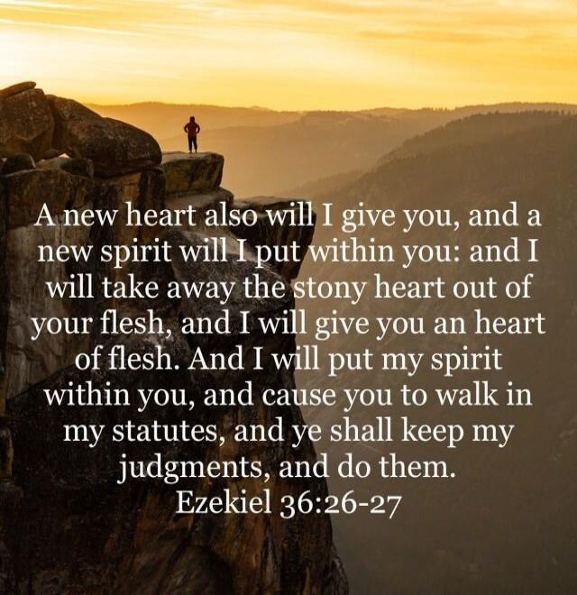A new heart also will I give you, and a new spirit will I put within you: and I will take away the stony heart out of your flesh, and I will give you an heart of flesh. And I will put my spirit within you, and cause you to walk in my statutes, and ye shall keep my judgments, and do them. Ezekiel 36:26-27