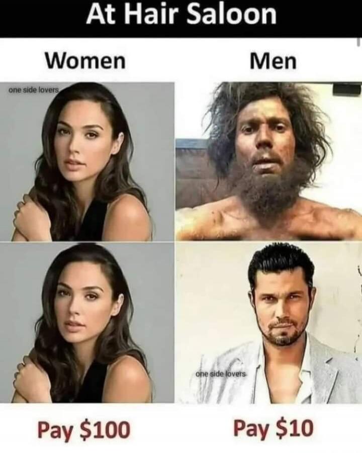 At Hair Saloon. Women: before and after pictures of a woman (Gal Gadot) looking similar, with 'Pay $100'. Men: before picture of a man with very messy hair and beard, and after picture of the same man looking well-groomed, with 'Pay $10'. The meme compares the cost and perceived transformation at a hair salon for women versus men.