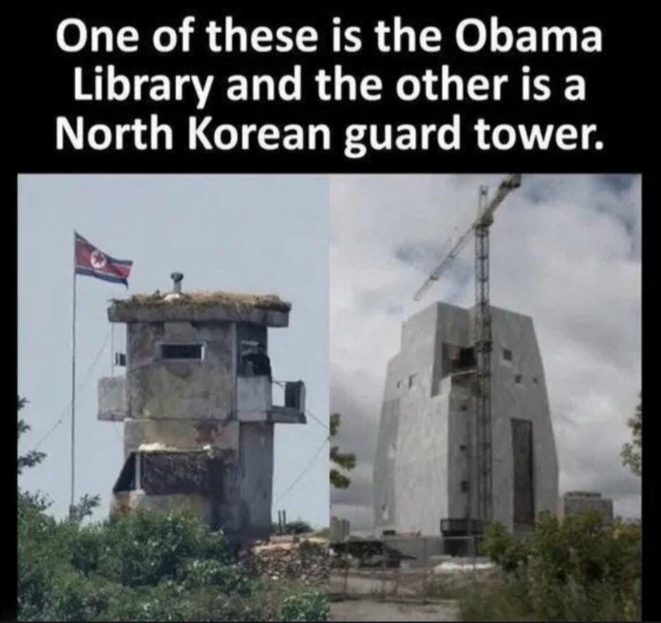 One of these is the Obama Library and the other is a North Korean guard tower.