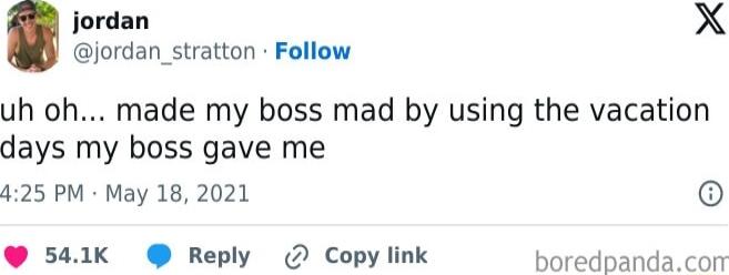 jordan X jordan_stratton Follow uh oh made my boss mad by using the vacation days my boss gave me 425 PM May 18 2021 541K Reply 2 Copy link boredpandacom