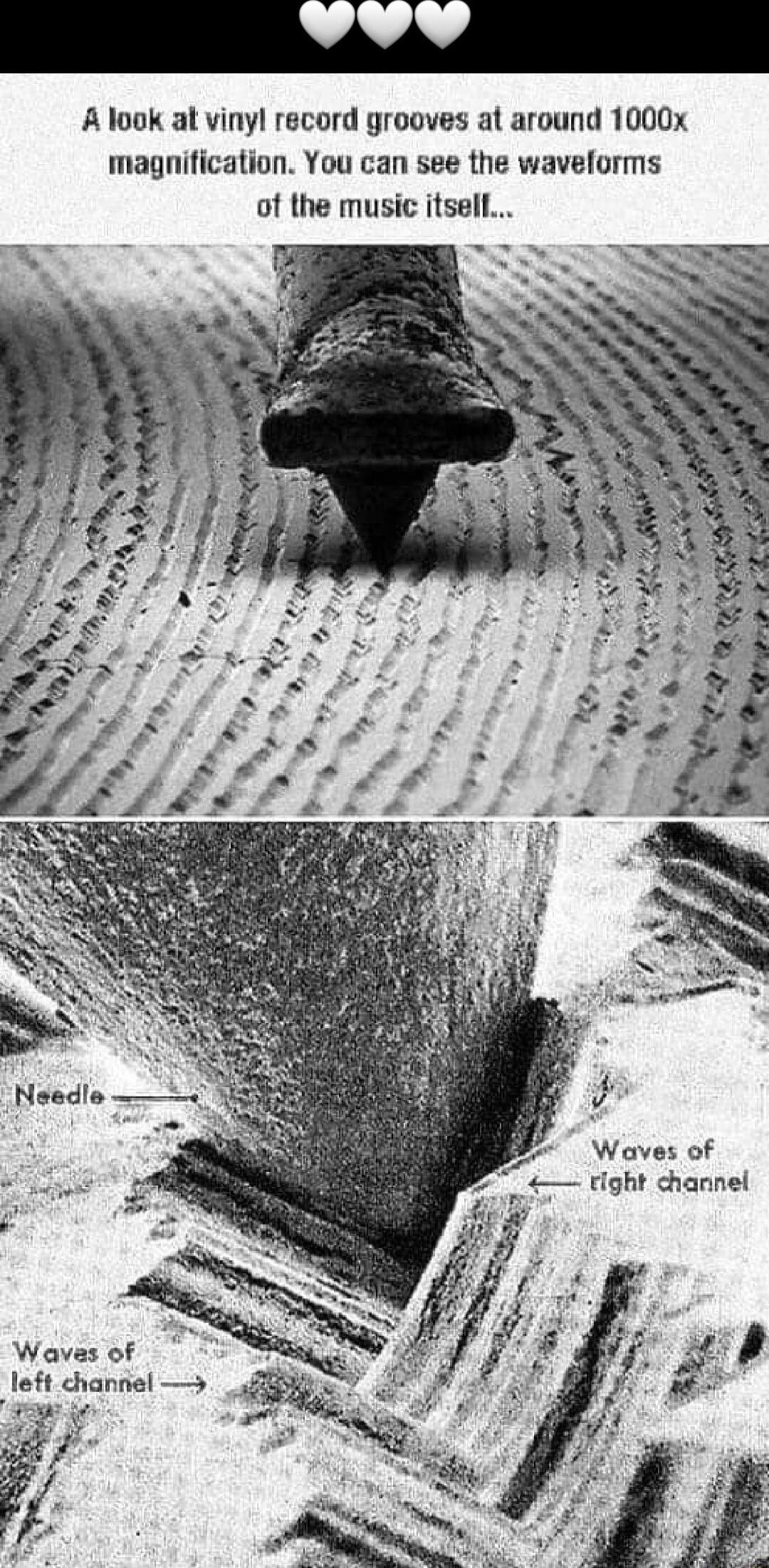 A look at vinyl record grooves at around 1000x magnification You can see the wavelorms of the music itsell Noedls 3 3