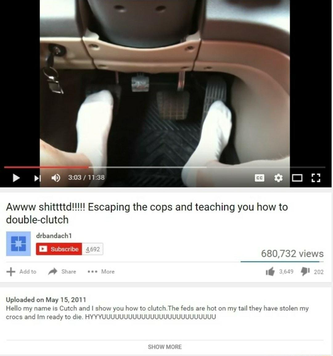 3031138 double clutch drbandach1 680732 views M Share ses More e e Uploaded on May 152011 Hello my name is Cutch and show you how to clutchThe feds are hot on my tail they have stolen my crocs and Im ready to die HYYYUUUUUUUUUUUUUUUUUUUUUUUUUU