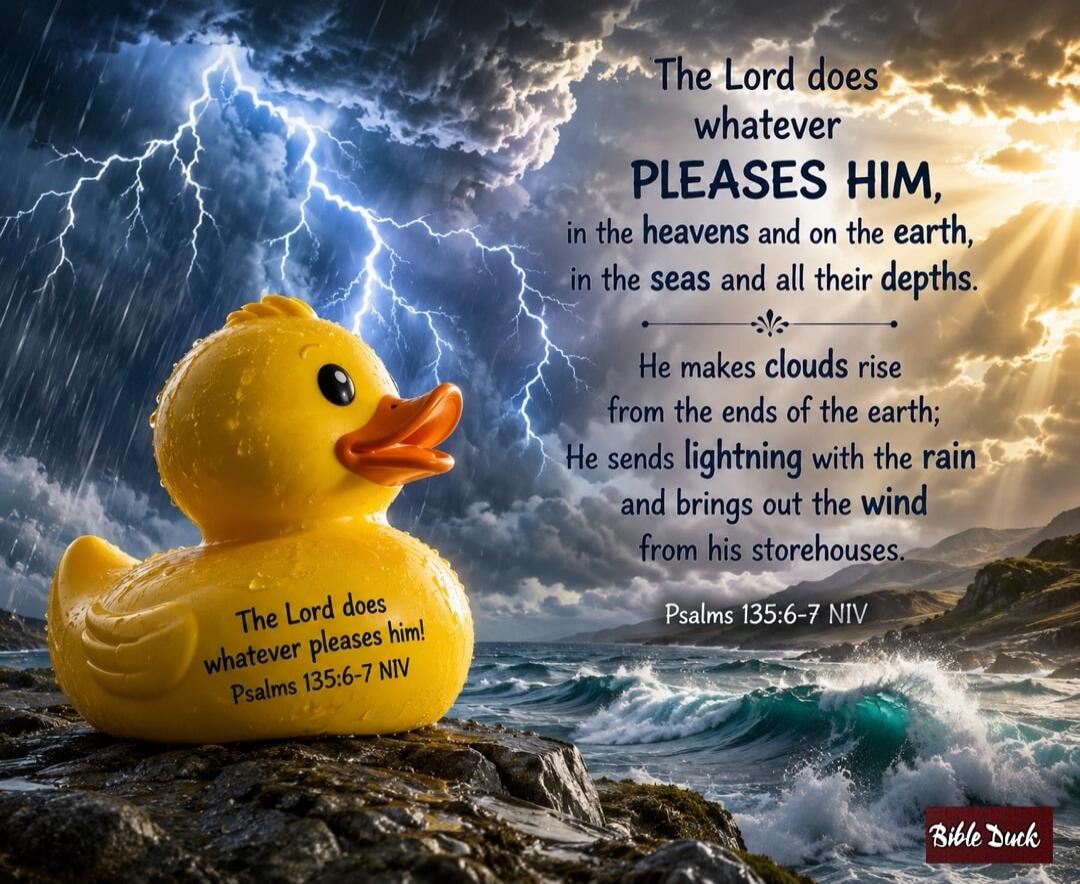 The Lord does whatever PLEASES HIM, in the heavens and on the earth, in the seas and all their depths. He makes clouds rise from the ends of the earth; He sends lightning with the rain and brings out the wind from his storehouses. The Lord does whatever pleases him! Psalms 135:6-7 NIV Bible Duck
