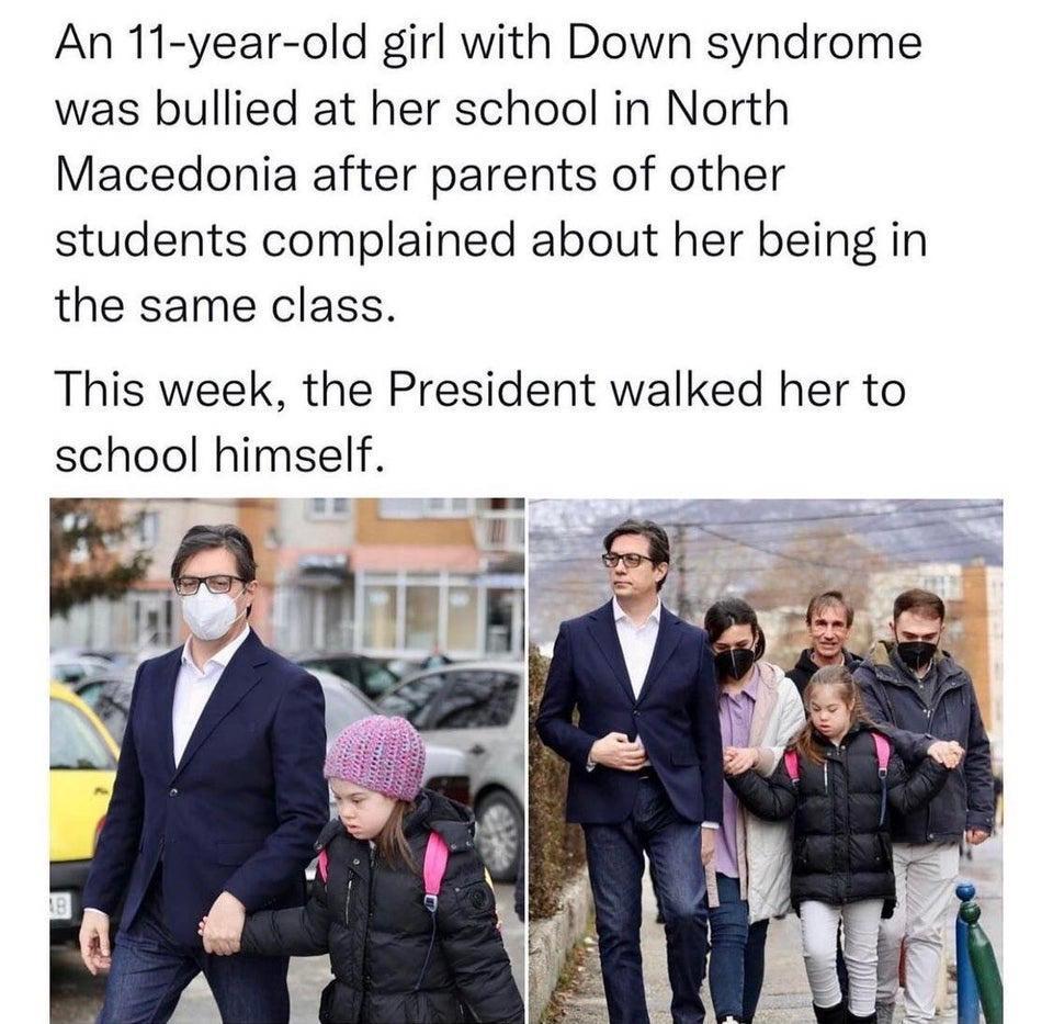An 11 year old girl with Down syndrome was bullied at her school in North Macedonia after parents of other students complained about her being in the same class This week the President walked her to school hlmsef