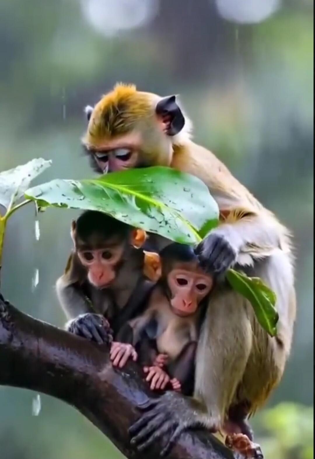 A mother monkey with two infants on a branch under a leaf in the rain.