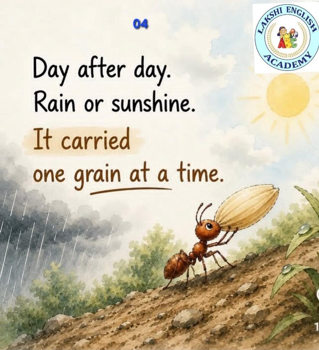 Day after day. Rain or sunshine. It carried one grain at a time. 04. LAKSHI ENGLISH ACADEMY.