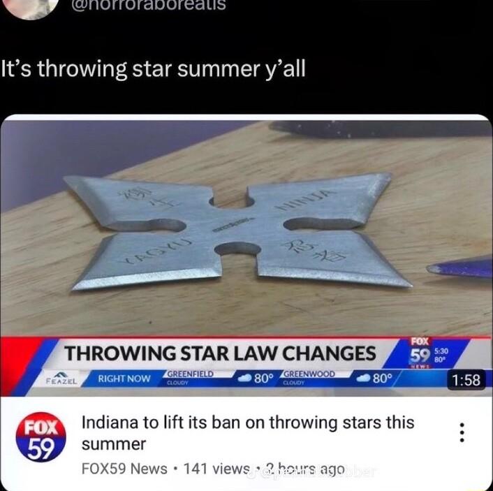 THROWING STAR LAW CHANGES Indiana to lift its ban on throwing stars this summer