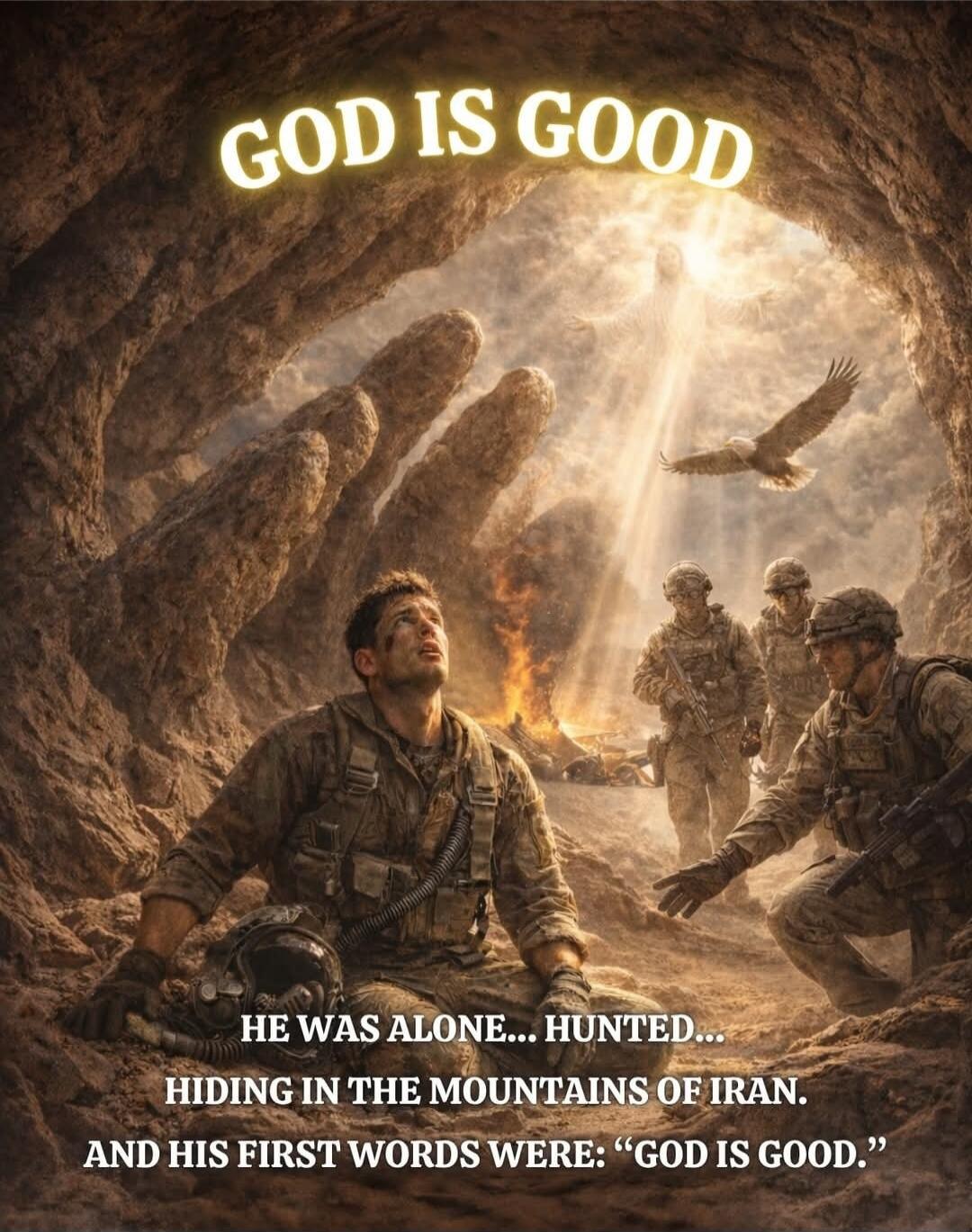 GOD IS GOOD HE WAS ALONE... HUNTED... HIDING IN THE MOUNTAINS OF IRAN. AND HIS FIRST WORDS WERE: 
