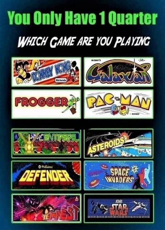 You Only Have 1 Quarter WHICH GAME ARE YOU PLAYING Donkey Kong Galaxian Frogger Pac-Man Centipede Asteroids Defender Space Invaders Tempest Star Wars