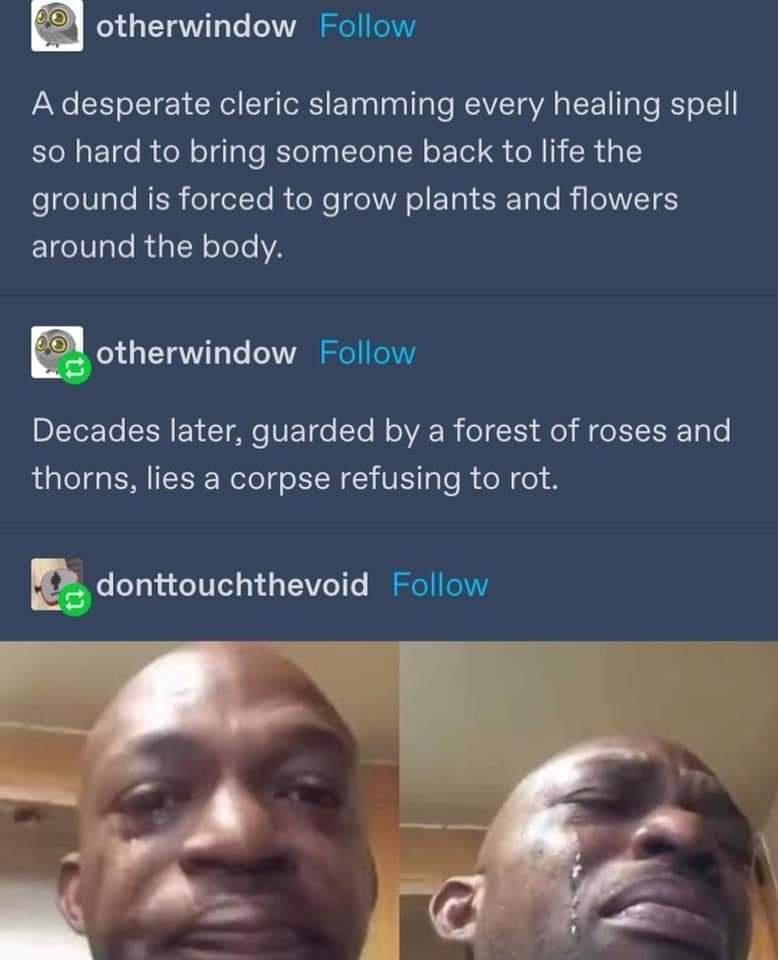 otherwindow Follow A desperate cleric slamming every healing spell so hard to bring someone back to life the ground is forced to grow plants and flowers around the body Bothemindcw Follow DELET AT CIAe VET C RRIVER TN Ao e EEE e thorns lies a corpse refusing to rot ndcnttouchthevoid Follow