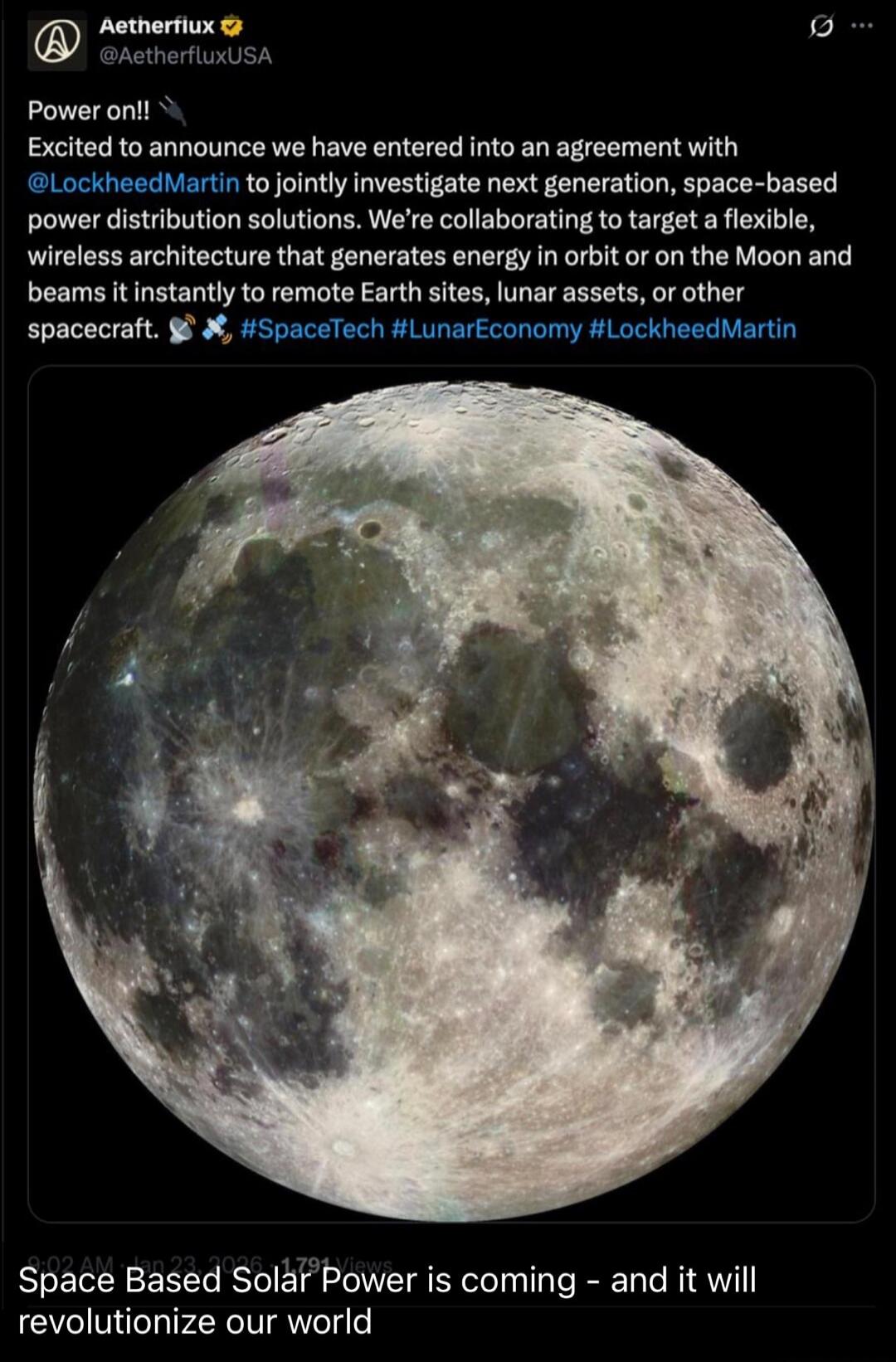 Power on!! Excited to announce we have entered into an agreement with @LockheedMartin to jointly investigate next generation, space-based power distribution solutions. We’re collaborating to target a flexible, wireless architecture that generates energy in orbit or on the Moon and beams it instantly to remote Earth sites, lunar assets, or other spa