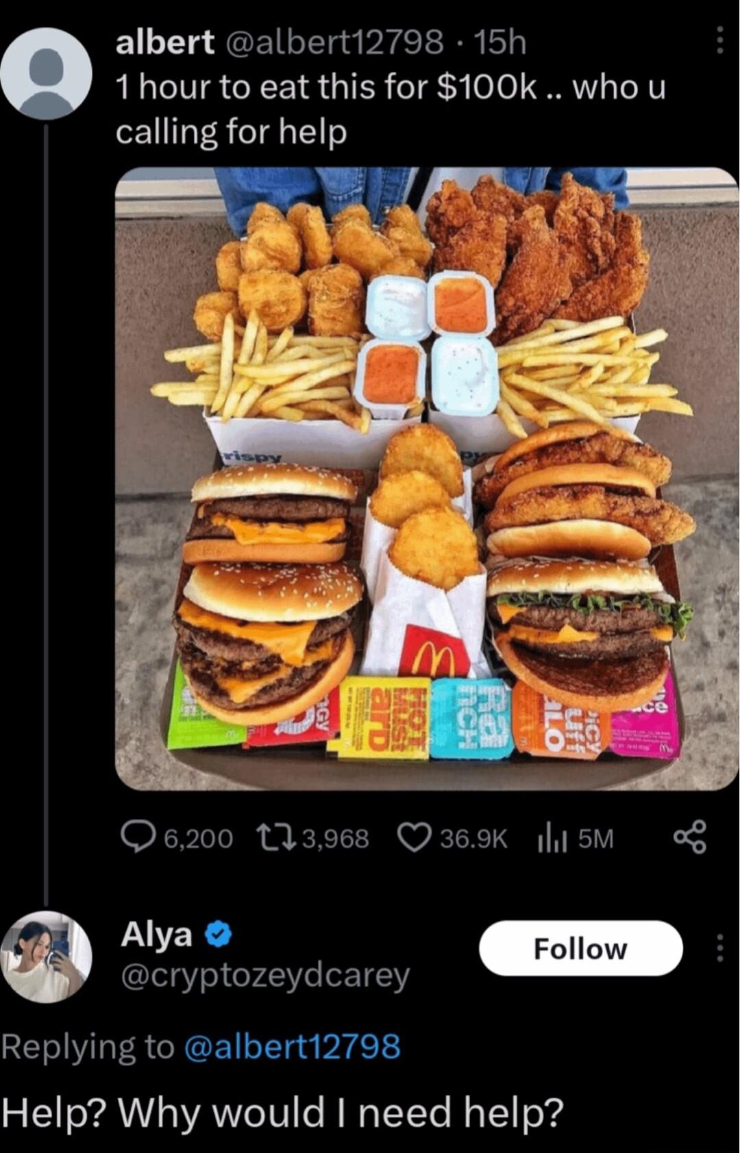 albert albert12798 15h 1hour to eat this for 100k who u calling for help Q6200 113968 Q369K hisM od cryptozeydcarey Replying to albert12798 Help Why would need help