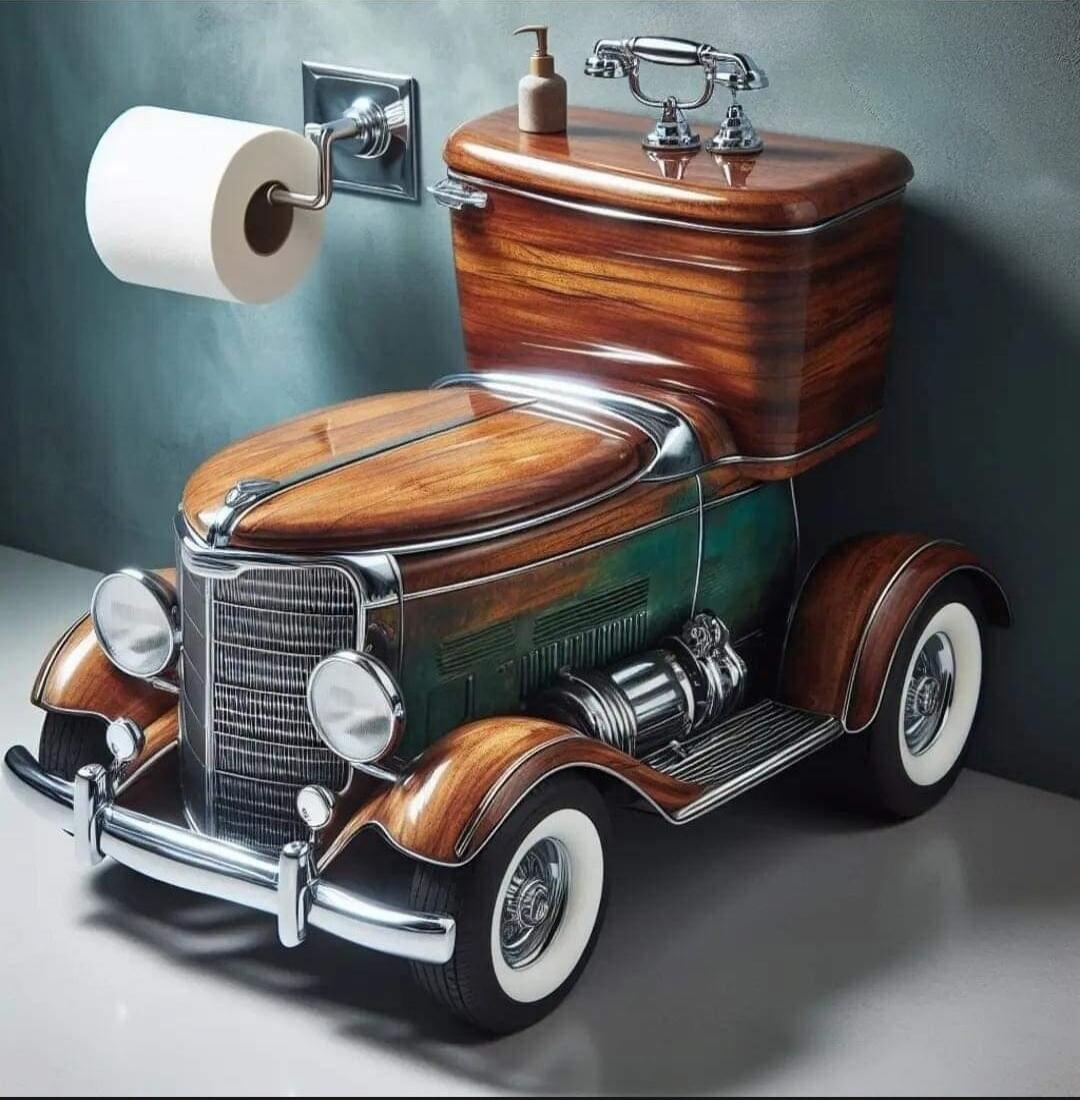A vintage-style wooden toy car with chrome details placed near a toilet paper holder.