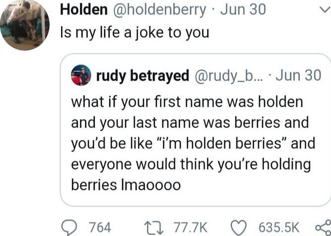 p Holden holdenberry Jun 30 v Is my life a joke to you rudy betrayed rudy_b Jun 30 what if your first name was holden and your last name was berries and youd be like Im holden berries and everyone would think youre holding berries Imacooo O 764 1 777K Q 6355K o