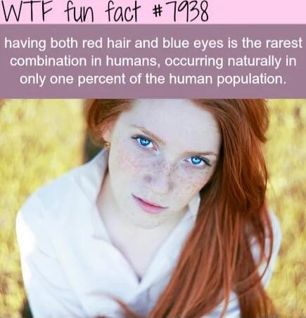 WTF fun fact #7938 having both red hair and blue eyes is the rarest combination in humans, occurring naturally in only one percent of the human population.