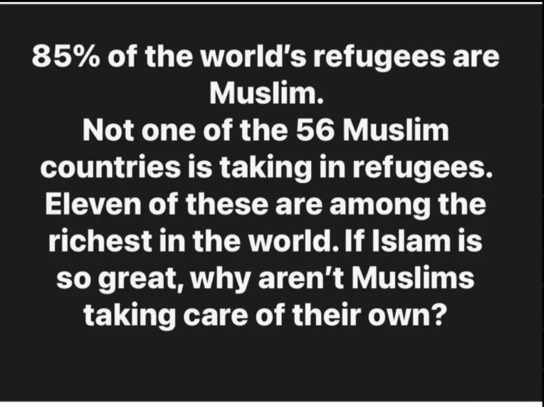 85% of the world's refugees are Muslim. Not one of the 56 Muslim countries is taking in refugees. Eleven of these are among the richest in the world. If Islam is so great, why aren't Muslims taking care of their own?