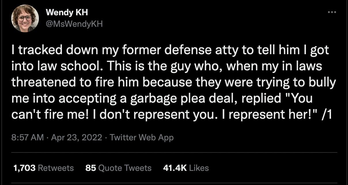 1 tracked down my former defense atty to tell him got QIGREWESL T A ISR ER G EF TAV DRV EL T AL threatened to fire him because they were trying to bully me into accepting a garbage plea deal replied You cant fire me dont represent you represent her 1 Twiter Web App 1703 Retvicets 88 Quote Tweets 414K Likes