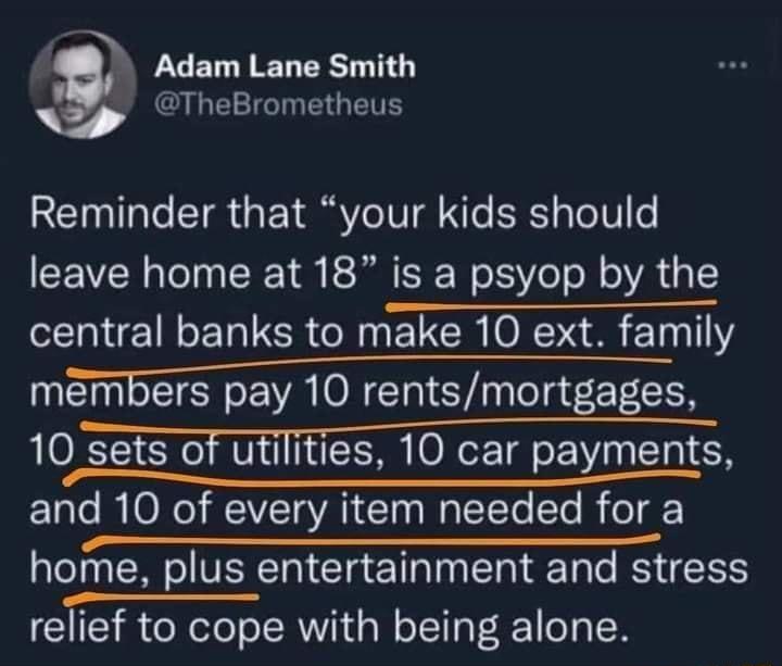 Adam Lane Smith LEY LTI E GV Reminder that your kids should leave home at 18 is a psyop by the central banks to make 10 ext family mmbers pay 10 rentsmortgages 10 sets of ufilities 10 car payments and 10 of every item needed for a home plus entertainment and stress LB relief to cope with being alone