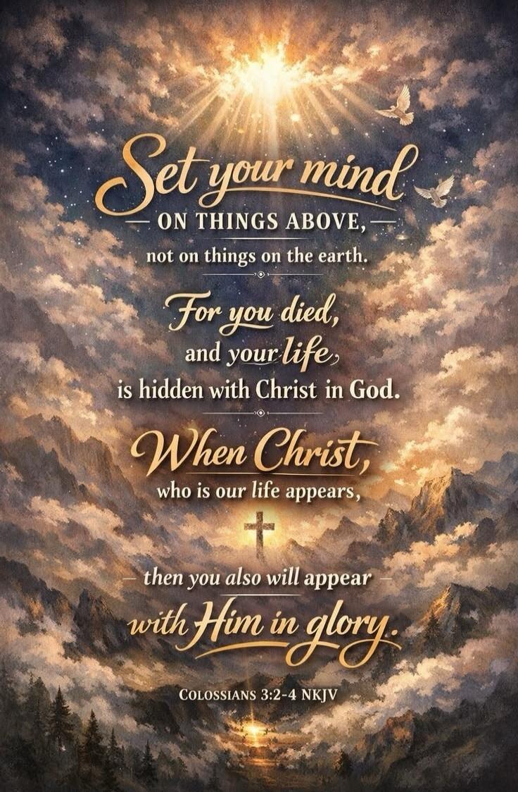 Set your mind on things above, not on things on the earth. For you died, and your life is hidden with Christ in God. When Christ, who is our life appears, then you also will appear with Him in glory. COLOSSIANS 3:2-4 NKJV
