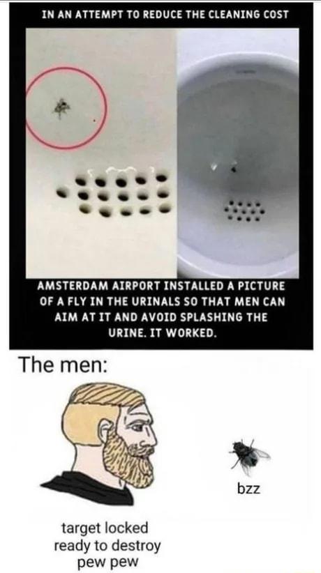 IN AN ATTEMPT TO REDUCE THE CLEANING COST AMSTERDAM AIRPORT INSTALLED A PICTURE OF A FLY IN THE URINALS SO THAT MEN CAN AIM AT IT AND AVOID SPLASHING THE URINE IT WORKED target locked ready to destroy pew pew