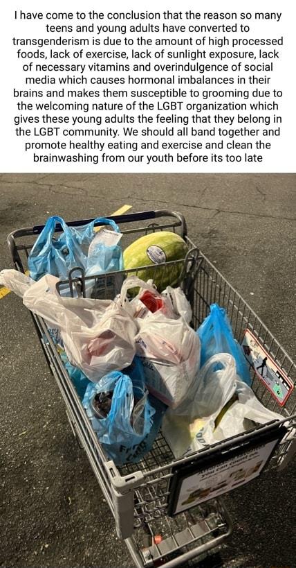 1 have come to the conclusion that the reason so many teens and young adults have converted to transgenderism is due to the amount of high processed foods lack of exercise lack of sunlight exposure lack of necessary vitamins and overindulgence of social media which causes hormonal imbalances in their brains and makes them susceptible to grooming due to the welcoming nature of the LGBT organization