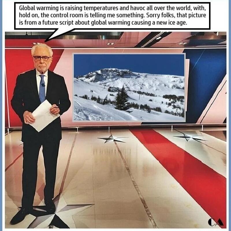 Global warming is raising temperatures and havoc all over the world, with, hold on, the control room is telling me something. Sorry folks, that picture is from a future script about global warming causing a new ice age.