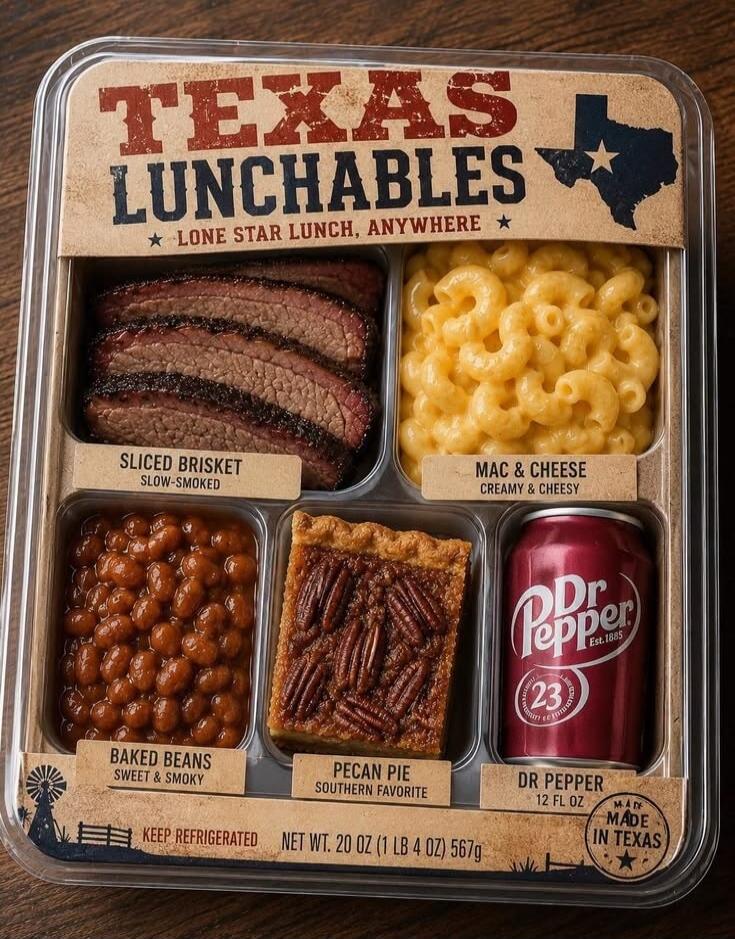 Texas Lunchables, Lone Star Lunch Anywhere, Sliced Brisket Slow-Smoked, Mac & Cheese Creamy & Cheesy, Baked Beans Sweet & Smoky, Pecan Pie Southern Favorite, Dr Pepper 12 fl oz, Keep Refrigerated, Net Wt. 20 oz (1 lb 4 oz) 567g, Made in Texas