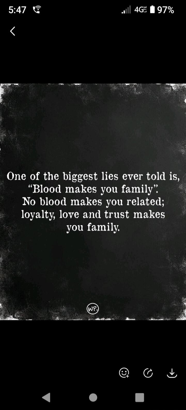One of the biggest lies ever told is, “Blood makes you family”. No blood makes you related; loyalty, love and trust makes you family.
