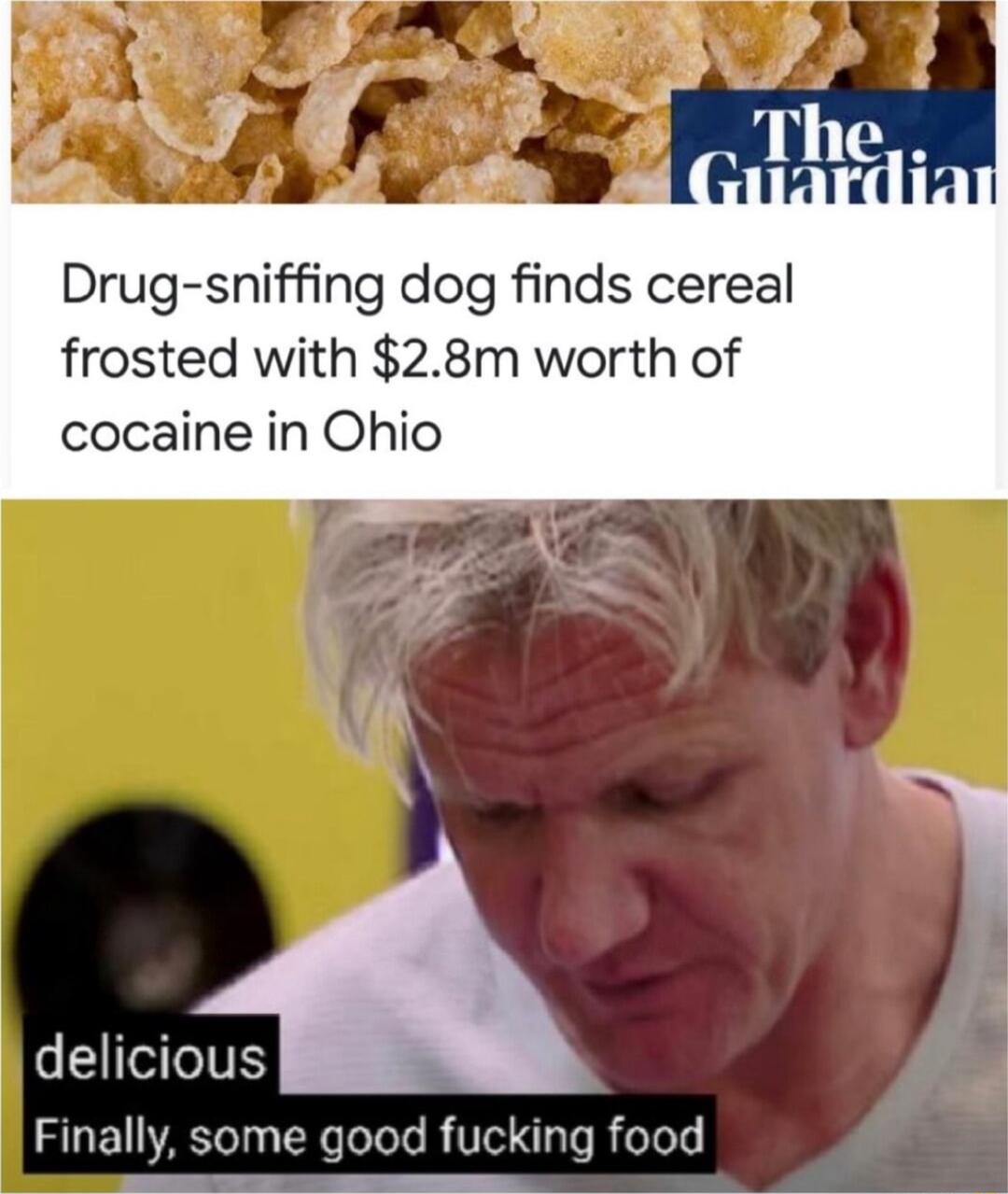 Drug sniffing dog finds cereal frosted with 28m worth of cocaine in Ohio delicious Finally some good fucking food