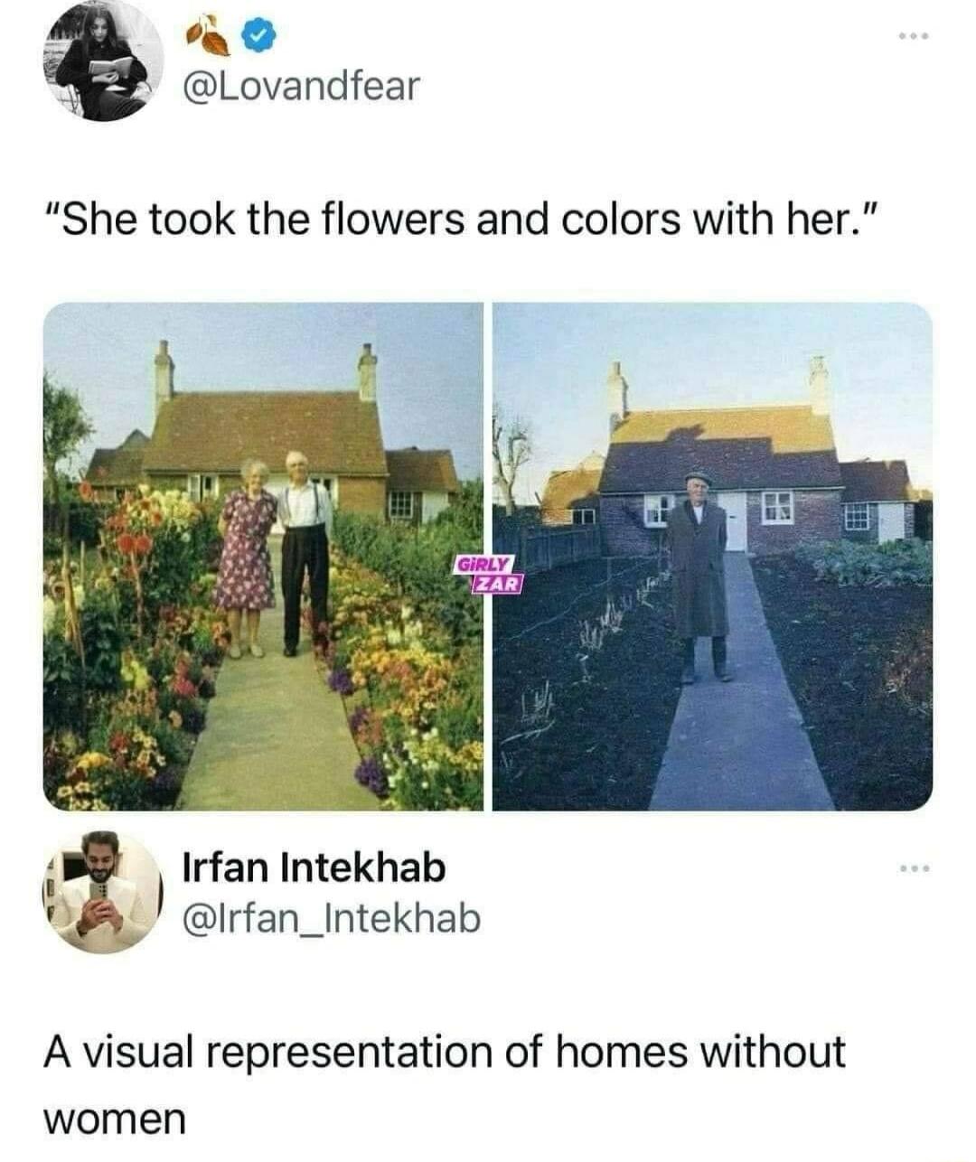 4 3 Lovandfear She took the flowers and colors with her Irfan Intekhab Irfan_Intekhab A visual representation of homes without women