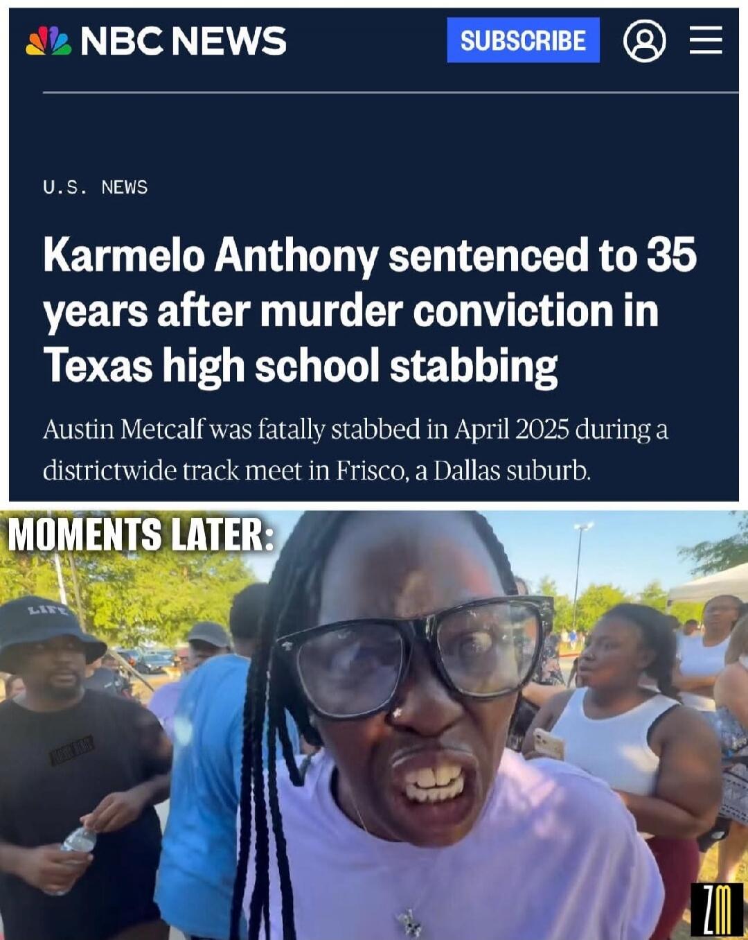 NBC NEWS SUBSCRIBE U.S. NEWS Karmelo Anthony sentenced to 35 years after murder conviction in Texas high school stabbing Austin Metcalf was fatally stabbed in April 2025 during a districtwide track meet in Frisco, a Dallas suburb. MOMENTS LATER: