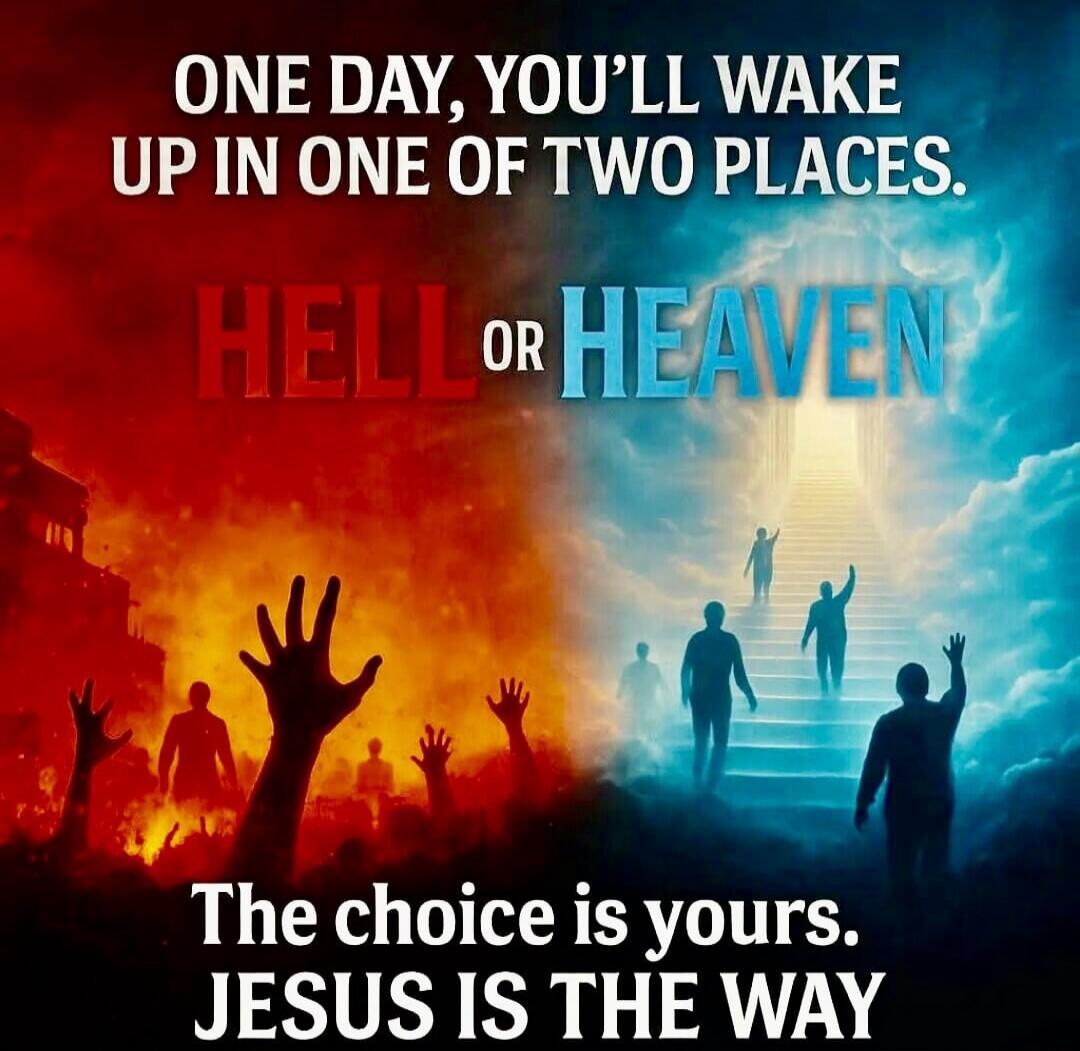 ONE DAY, YOU’LL WAKE UP IN ONE OF TWO PLACES. HELL OR HEAVEN The choice is yours. JESUS IS THE WAY