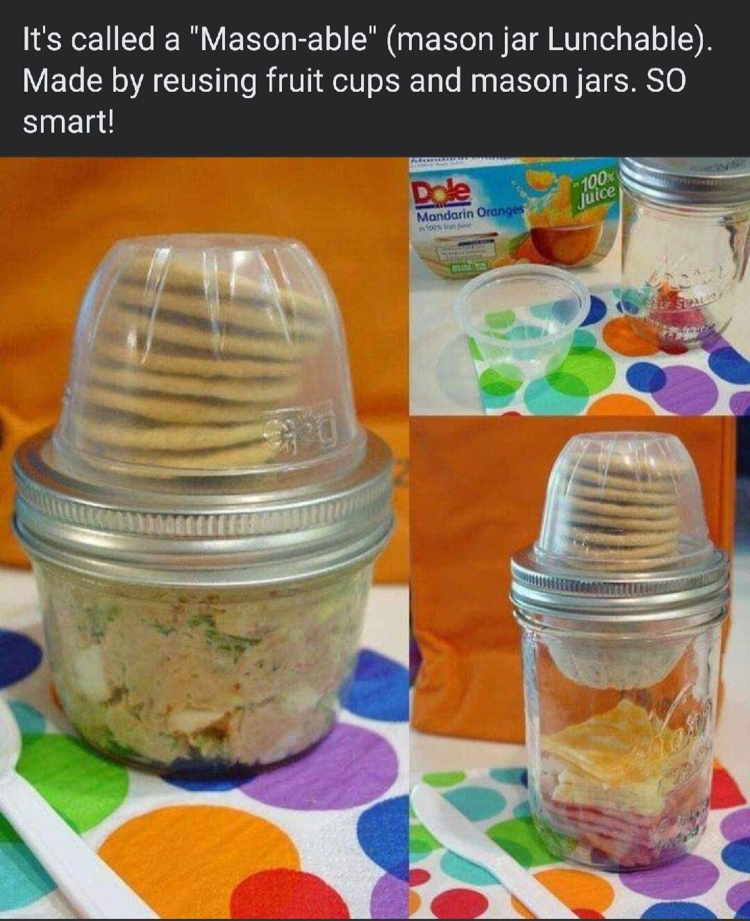 Its called a Mason able mason jar Lunchable Made by reusing fruit cups and mason jars SO smart