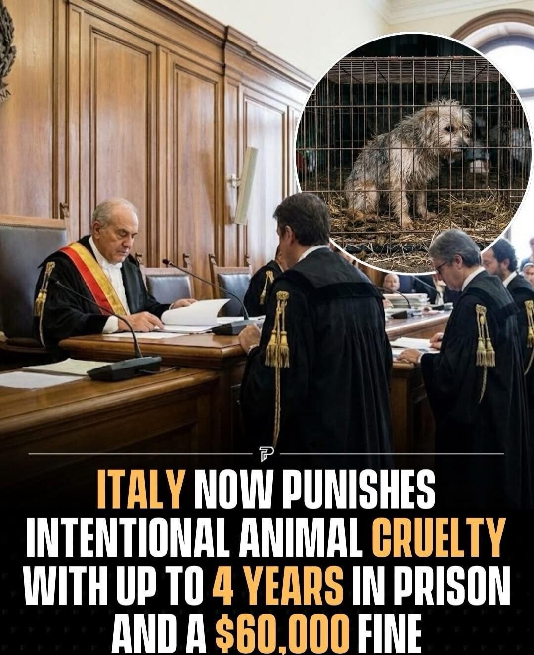 ITALY NOW PUNISHES INTENTIONAL ANIMAL CRUELTY WITH UP TO 4 YEARS IN PRISON AND A $60,000 FINE