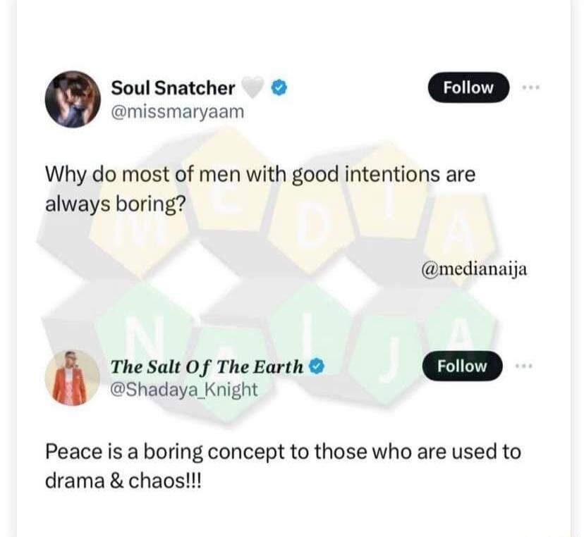 missmaryaam Q Soul Snatcher Why do most of men with good intentions are always boring medianaija The Salt Of The Earth Shadaya Knight Peace is a boring concept to those who are used to drama chaos